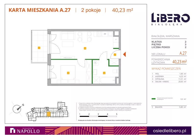 2 pokoje, mieszkanie 40,23 m², piętro 3, oferta nr A.27, Osiedle Libero, Warszawa, Białołęka, Grodzisk, ul. Głębocka