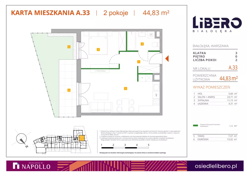 2 pokoje, mieszkanie 44,83 m², parter, oferta nr A.33, Osiedle Libero, Warszawa, Białołęka, Grodzisk, ul. Głębocka
