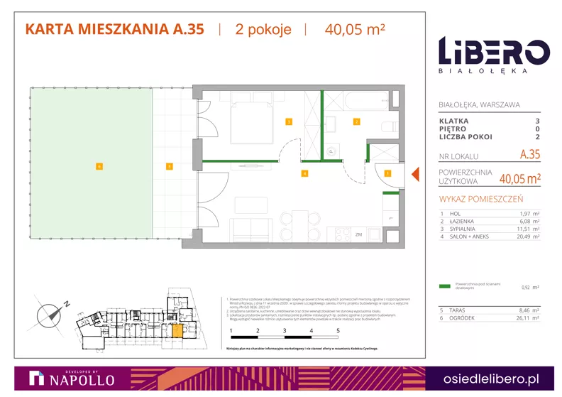 2 pokoje, mieszkanie 40,05 m², parter, oferta nr A.35, Osiedle Libero, Warszawa, Białołęka, Grodzisk, ul. Głębocka