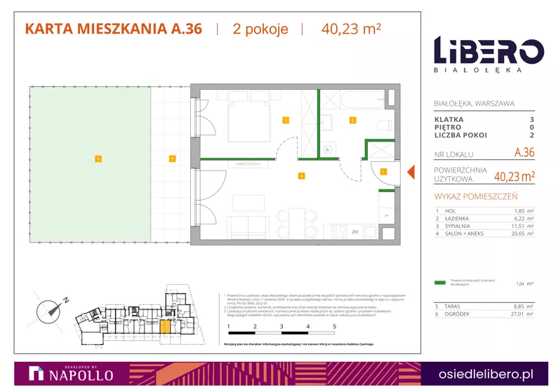 2 pokoje, mieszkanie 40,23 m², parter, oferta nr A.36, Osiedle Libero, Warszawa, Białołęka, Grodzisk, ul. Głębocka
