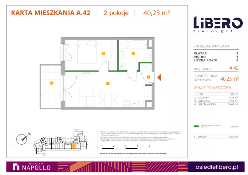 2 pokoje, mieszkanie 40,23 m², piętro 1, oferta nr A.42, Osiedle Libero, Warszawa, Białołęka, Grodzisk, ul. Głębocka