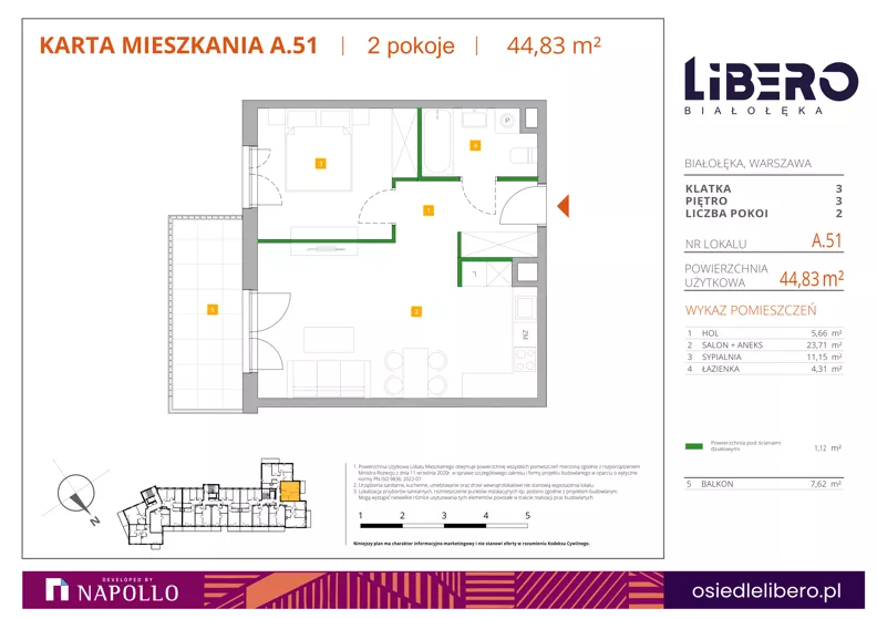 2 pokoje, mieszkanie 44,83 m², piętro 3, oferta nr A.51, Osiedle Libero, Warszawa, Białołęka, Grodzisk, ul. Głębocka