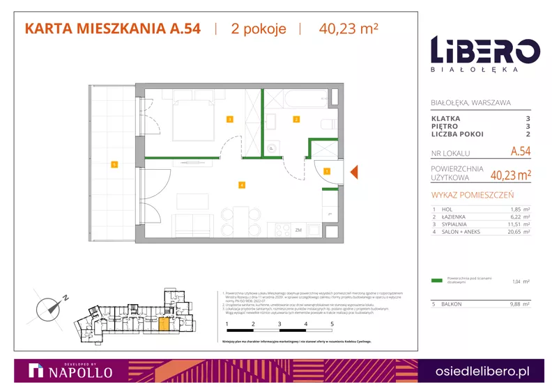 2 pokoje, mieszkanie 40,23 m², piętro 3, oferta nr A.54, Osiedle Libero, Warszawa, Białołęka, Grodzisk, ul. Głębocka