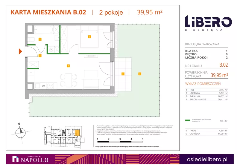 2 pokoje, mieszkanie 39,95 m², parter, oferta nr B.02, Osiedle Libero, Warszawa, Białołęka, Grodzisk, ul. Głębocka