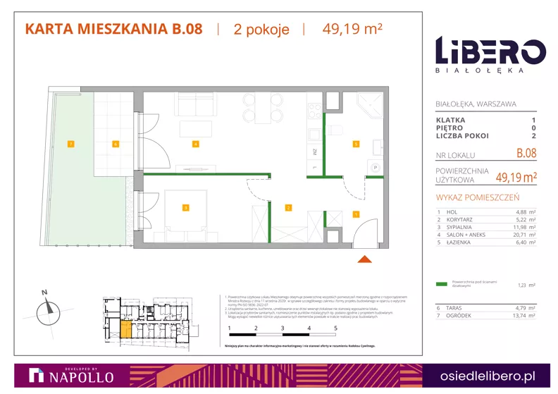 2 pokoje, mieszkanie 49,19 m², parter, oferta nr B.08, Osiedle Libero, Warszawa, Białołęka, Grodzisk, ul. Głębocka