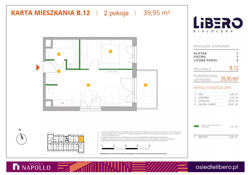 2 pokoje, mieszkanie 39,95 m², piętro 1, oferta nr B.12, Osiedle Libero, Warszawa, Białołęka, Grodzisk, ul. Głębocka