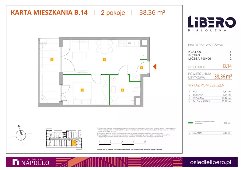 2 pokoje, mieszkanie 38,36 m², piętro 1, oferta nr B.14, Osiedle Libero, Warszawa, Białołęka, Grodzisk, ul. Głębocka