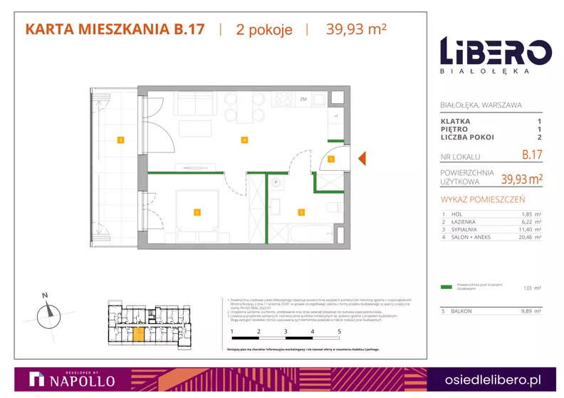 2 pokoje, mieszkanie 39,93 m², piętro 1, oferta nr B.17, Osiedle Libero, Warszawa, Białołęka, Grodzisk, ul. Głębocka