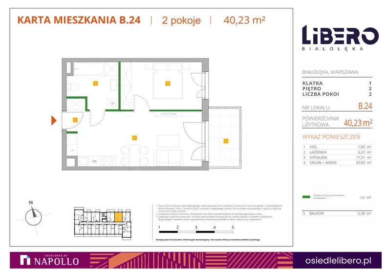 2 pokoje, mieszkanie 40,23 m², piętro 2, oferta nr B.24, Osiedle Libero, Warszawa, Białołęka, Grodzisk, ul. Głębocka