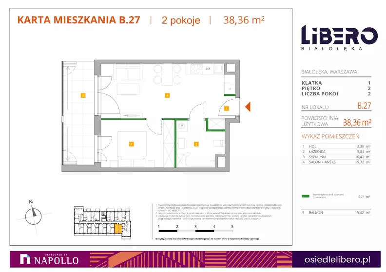 2 pokoje, mieszkanie 38,36 m², piętro 2, oferta nr B.27, Osiedle Libero, Warszawa, Białołęka, Grodzisk, ul. Głębocka