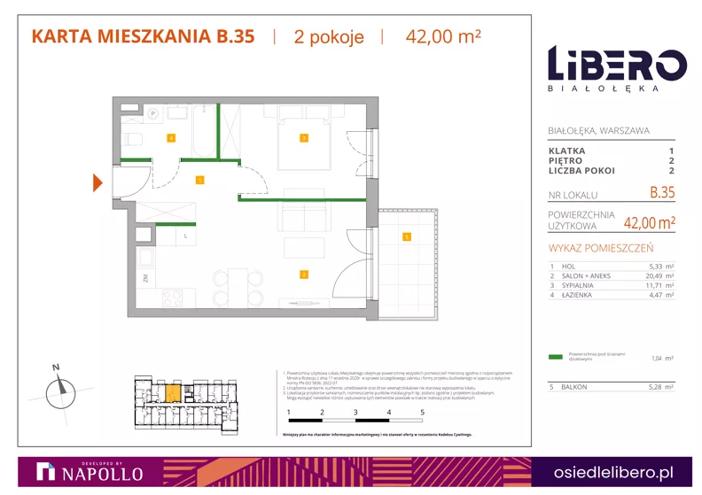 2 pokoje, mieszkanie 42,00 m², piętro 2, oferta nr B.35, Osiedle Libero, Warszawa, Białołęka, Grodzisk, ul. Głębocka