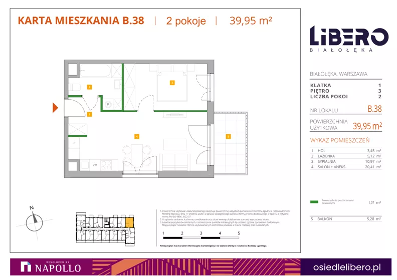 2 pokoje, mieszkanie 39,95 m², piętro 3, oferta nr B.38, Osiedle Libero, Warszawa, Białołęka, Grodzisk, ul. Głębocka