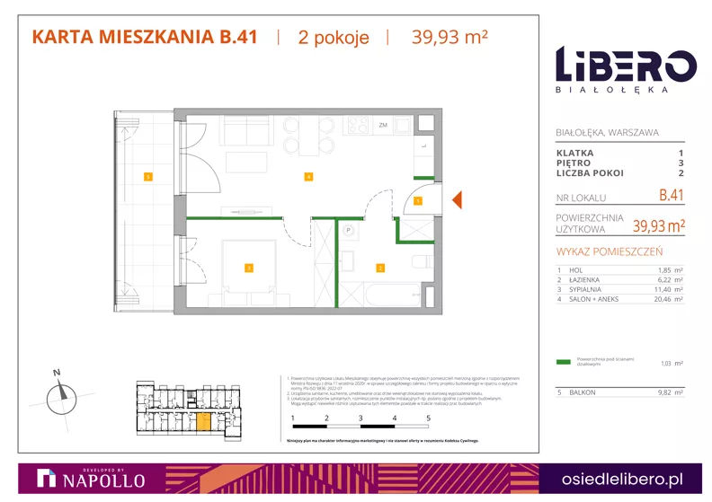 2 pokoje, mieszkanie 39,93 m², piętro 3, oferta nr B.41, Osiedle Libero, Warszawa, Białołęka, Grodzisk, ul. Głębocka
