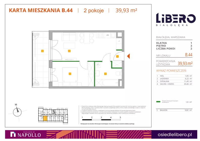 2 pokoje, mieszkanie 39,93 m², piętro 3, oferta nr B.44, Osiedle Libero, Warszawa, Białołęka, Grodzisk, ul. Głębocka