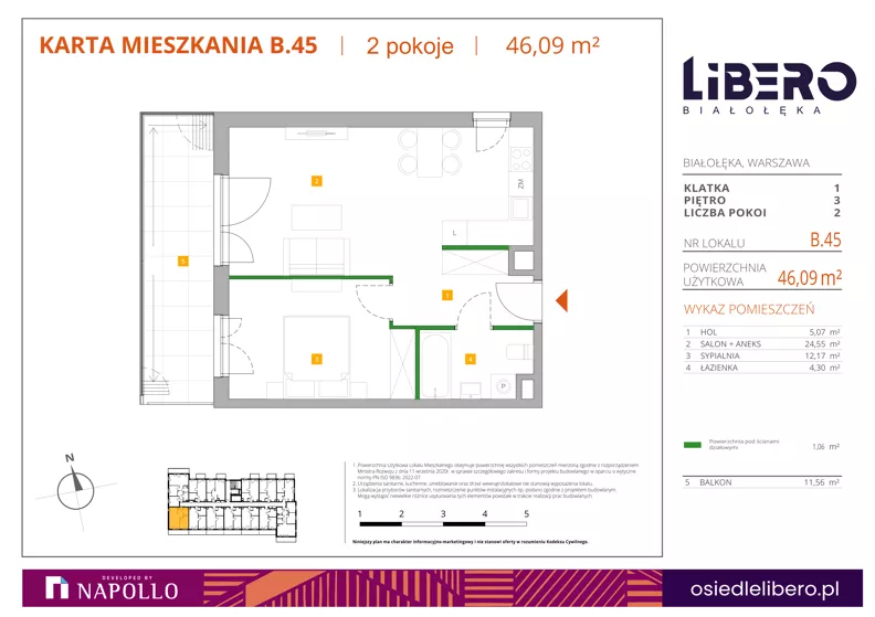 2 pokoje, mieszkanie 46,09 m², piętro 3, oferta nr B.45, Osiedle Libero, Warszawa, Białołęka, Grodzisk, ul. Głębocka