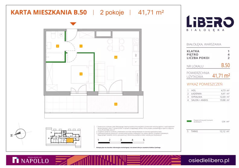 2 pokoje, mieszkanie 41,71 m², piętro 4, oferta nr B.50, Osiedle Libero, Warszawa, Białołęka, Grodzisk, ul. Głębocka