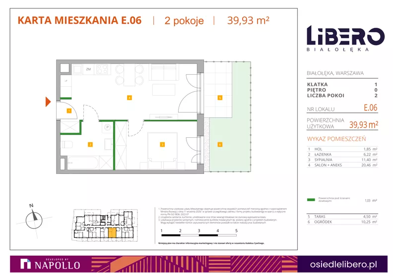 2 pokoje, mieszkanie 39,93 m², parter, oferta nr E.06, Osiedle Libero, Warszawa, Białołęka, Grodzisk, ul. Głębocka