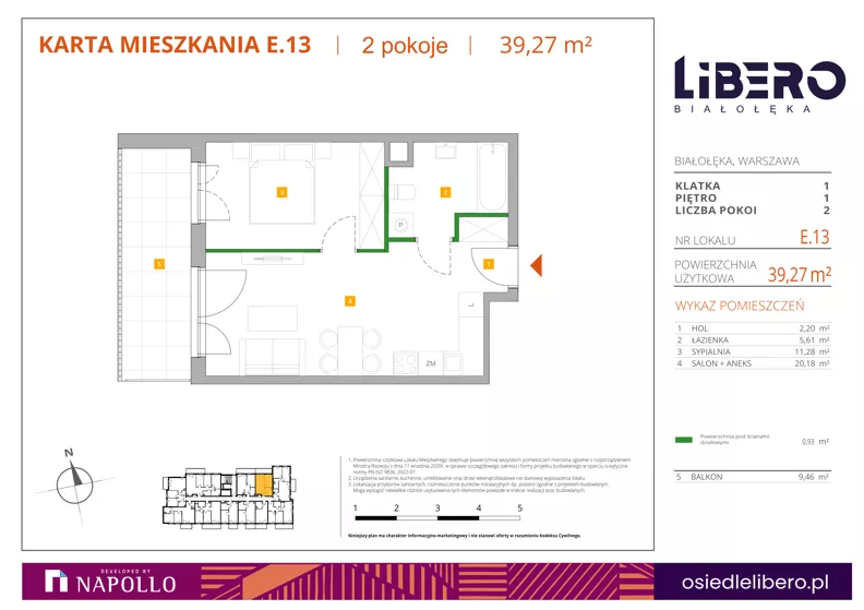 2 pokoje, mieszkanie 39,27 m², piętro 1, oferta nr E.13, Osiedle Libero, Warszawa, Białołęka, Grodzisk, ul. Głębocka