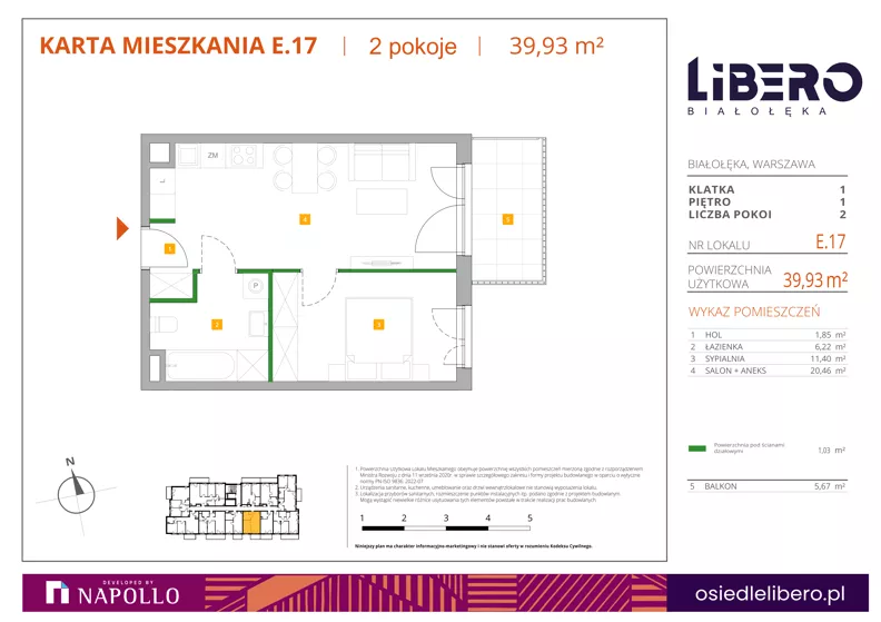 2 pokoje, mieszkanie 39,93 m², piętro 1, oferta nr E.17, Osiedle Libero, Warszawa, Białołęka, Grodzisk, ul. Głębocka