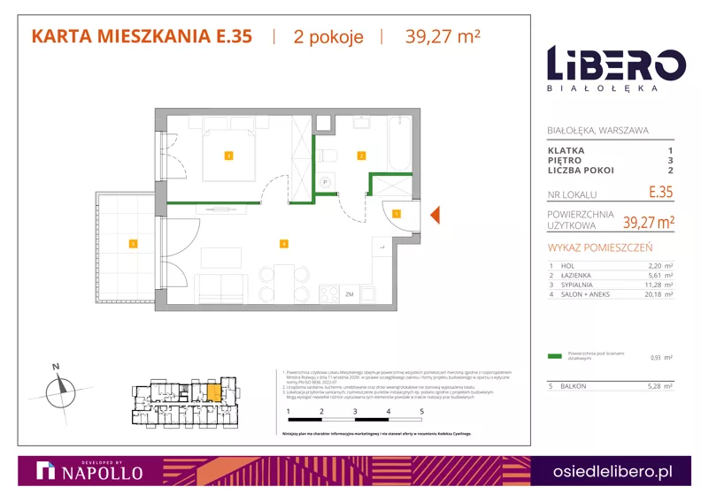 2 pokoje, mieszkanie 39,27 m², piętro 3, oferta nr E.35, Osiedle Libero, Warszawa, Białołęka, Grodzisk, ul. Głębocka