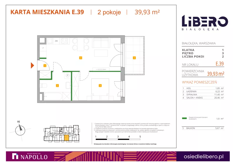 2 pokoje, mieszkanie 39,93 m², piętro 3, oferta nr E.39, Osiedle Libero, Warszawa, Białołęka, Grodzisk, ul. Głębocka