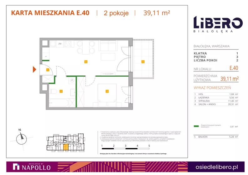 2 pokoje, mieszkanie 39,11 m², piętro 3, oferta nr E.40, Osiedle Libero, Warszawa, Białołęka, Grodzisk, ul. Głębocka