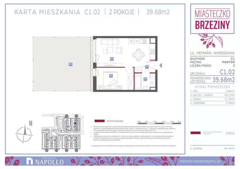 2 pokoje, mieszkanie 39,63 m², parter, oferta nr C1.02, Miasteczko Brzeziny II, Warszawa, Białołęka, Brzeziny, ul. Hemara
