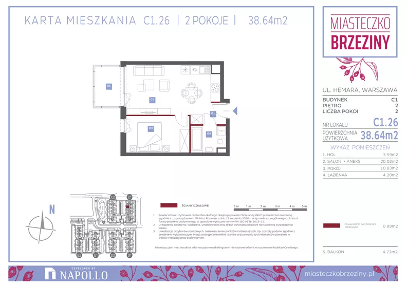2 pokoje, mieszkanie 38,61 m², piętro 2, oferta nr C1.26, Miasteczko Brzeziny II, Warszawa, Białołęka, Brzeziny, ul. Hemara