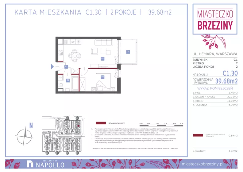 2 pokoje, mieszkanie 39,56 m², piętro 2, oferta nr C1.30, Miasteczko Brzeziny II, Warszawa, Białołęka, Brzeziny, ul. Hemara