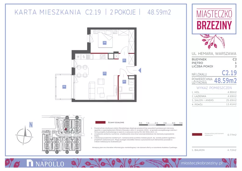 2 pokoje, mieszkanie 48,59 m², piętro 1, oferta nr C2.19, Miasteczko Brzeziny II, Warszawa, Białołęka, Brzeziny, ul. Hemara