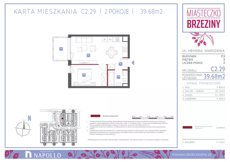 2 pokoje, mieszkanie 39,69 m², piętro 2, oferta nr C2.29, Miasteczko Brzeziny II, Warszawa, Białołęka, Brzeziny, ul. Hemara