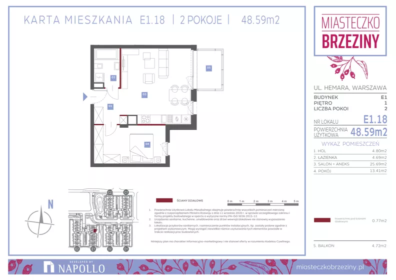 2 pokoje, mieszkanie 48,61 m², piętro 1, oferta nr E1.18, Miasteczko Brzeziny II, Warszawa, Białołęka, Brzeziny, ul. Hemara