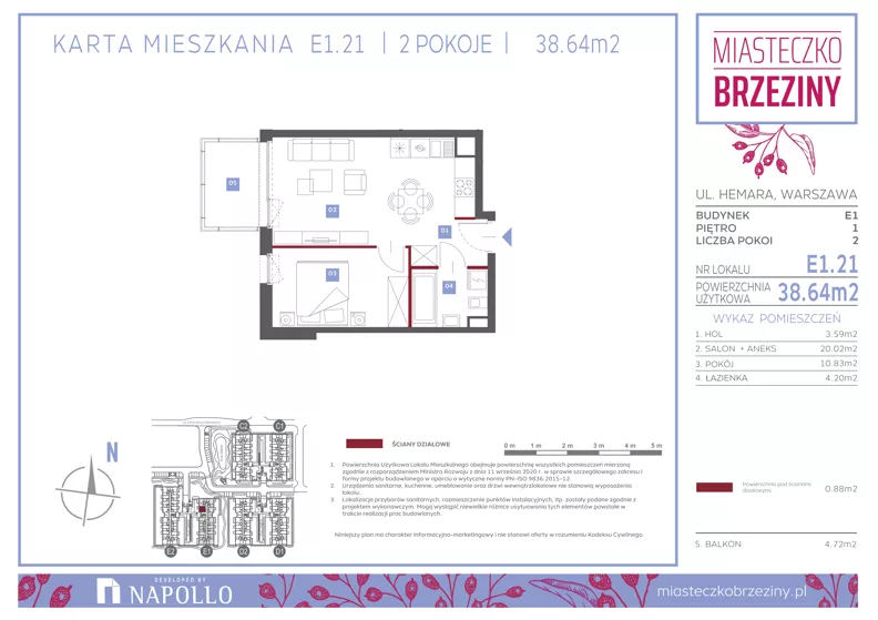 2 pokoje, mieszkanie 38,61 m², piętro 1, oferta nr E1.21, Miasteczko Brzeziny II, Warszawa, Białołęka, Brzeziny, ul. Hemara