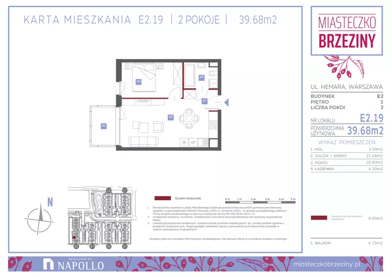 2 pokoje, mieszkanie 39,72 m², piętro 1, oferta nr E2.19, Miasteczko Brzeziny II, Warszawa, Białołęka, Brzeziny, ul. Hemara