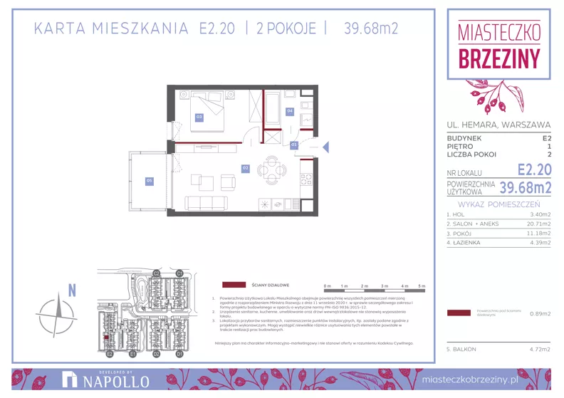 2 pokoje, mieszkanie 39,67 m², piętro 1, oferta nr E2.20, Miasteczko Brzeziny II, Warszawa, Białołęka, Brzeziny, ul. Hemara