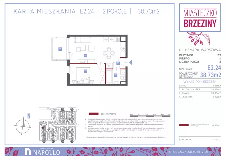 2 pokoje, mieszkanie 38,70 m², piętro 1, oferta nr E2.24, Miasteczko Brzeziny II, Warszawa, Białołęka, Brzeziny, ul. Hemara