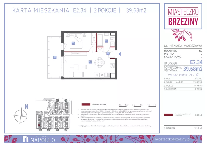 2 pokoje, mieszkanie 39,58 m², piętro 2, oferta nr E2.34, Miasteczko Brzeziny II, Warszawa, Białołęka, Brzeziny, ul. Hemara