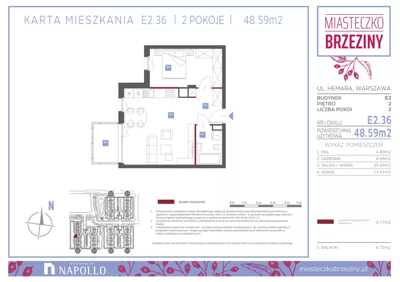 2 pokoje, mieszkanie 48,52 m², piętro 2, oferta nr E2.36, Miasteczko Brzeziny II, Warszawa, Białołęka, Brzeziny, ul. Hemara