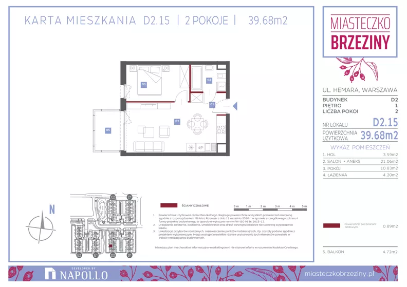 2 pokoje, mieszkanie 39,80 m², piętro 1, oferta nr D2.15, Miasteczko Brzeziny II, Warszawa, Białołęka, Brzeziny, ul. Hemara