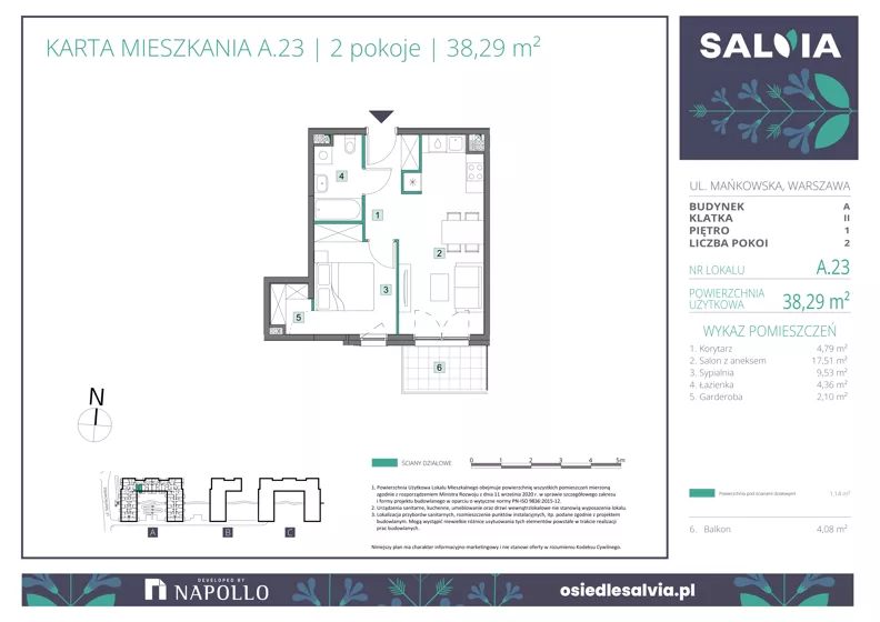 2 pokoje, mieszkanie 38,29 m², piętro 1, oferta nr A.23, Osiedle Salvia, Warszawa, Białołęka, Kobiałka, ul. Mańkowska