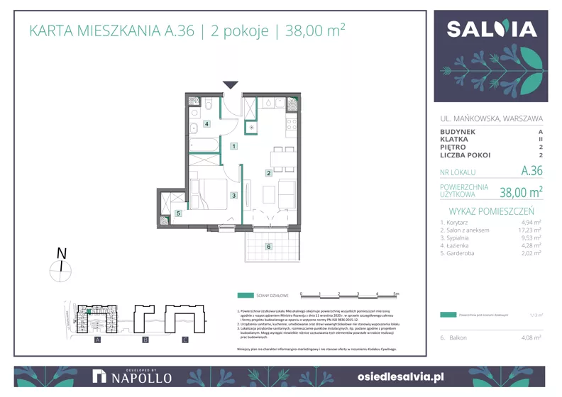 2 pokoje, mieszkanie 38,00 m², piętro 2, oferta nr A.36, Osiedle Salvia, Warszawa, Białołęka, Kobiałka, ul. Mańkowska