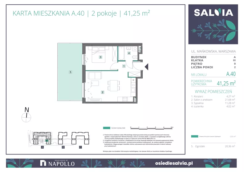 2 pokoje, mieszkanie 41,25 m², parter, oferta nr A.40, Osiedle Salvia, Warszawa, Białołęka, Kobiałka, ul. Mańkowska