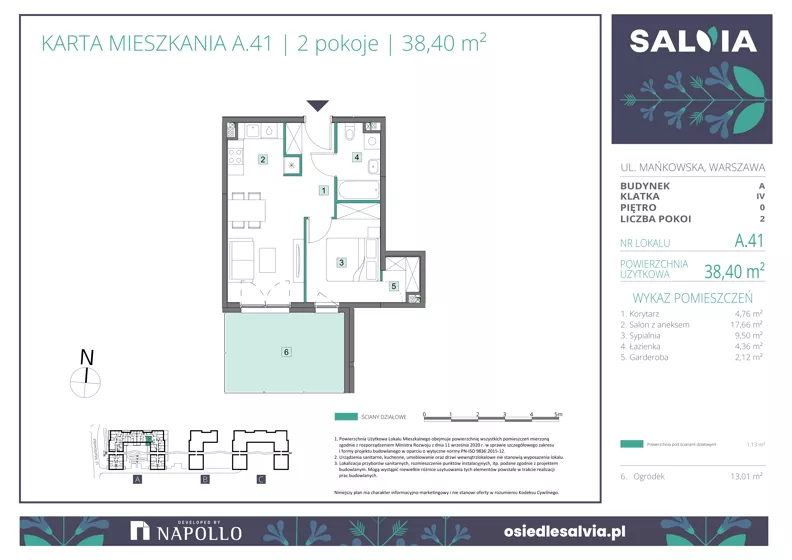 2 pokoje, mieszkanie 38,40 m², parter, oferta nr A.41, Osiedle Salvia, Warszawa, Białołęka, Kobiałka, ul. Mańkowska