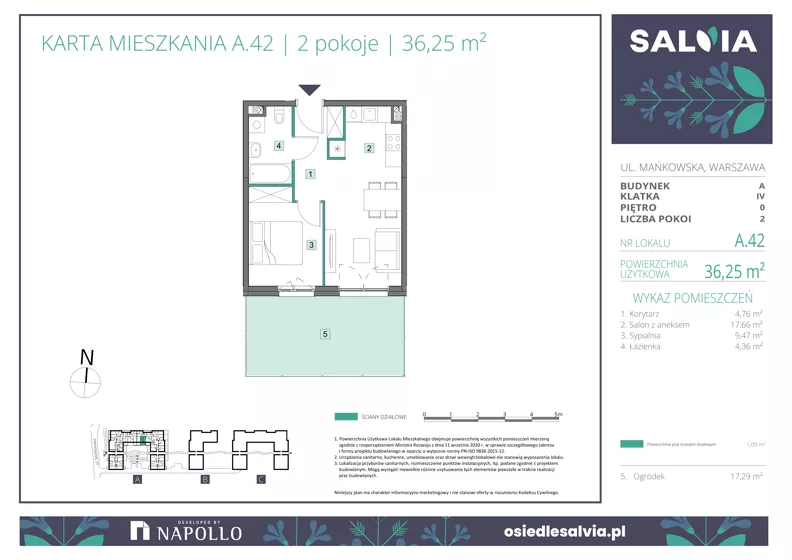 2 pokoje, mieszkanie 36,25 m², parter, oferta nr A.42, Osiedle Salvia, Warszawa, Białołęka, Kobiałka, ul. Mańkowska