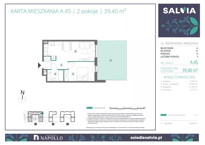 2 pokoje, mieszkanie 39,40 m², parter, oferta nr A.45, Osiedle Salvia, Warszawa, Białołęka, Kobiałka, ul. Mańkowska