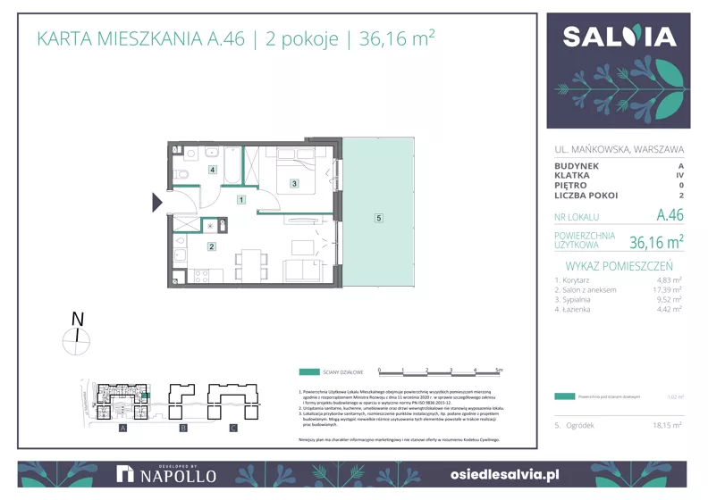 2 pokoje, mieszkanie 36,16 m², parter, oferta nr A.46, Osiedle Salvia, Warszawa, Białołęka, Kobiałka, ul. Mańkowska