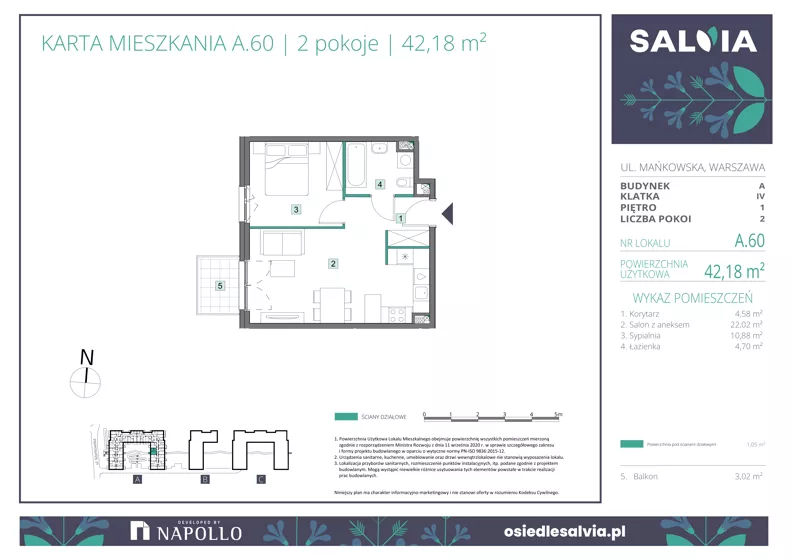 2 pokoje, mieszkanie 42,18 m², piętro 1, oferta nr A.60, Osiedle Salvia, Warszawa, Białołęka, Kobiałka, ul. Mańkowska
