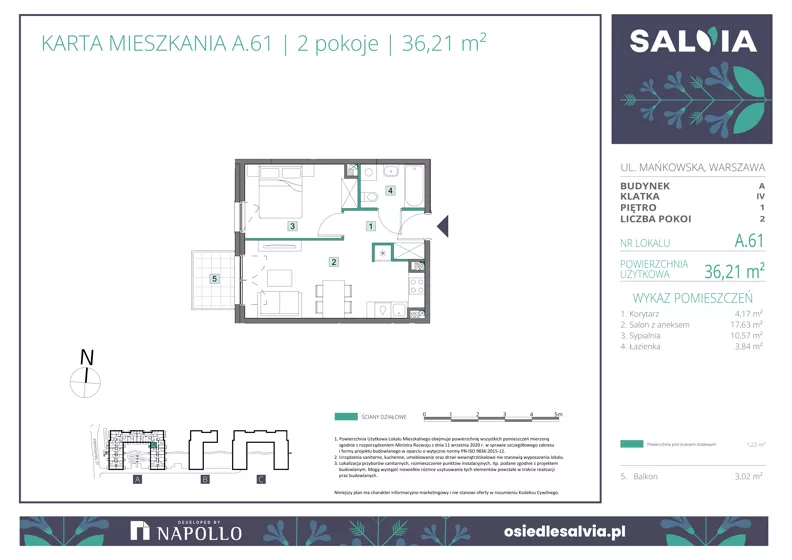 2 pokoje, mieszkanie 36,21 m², piętro 1, oferta nr A.61, Osiedle Salvia, Warszawa, Białołęka, Kobiałka, ul. Mańkowska