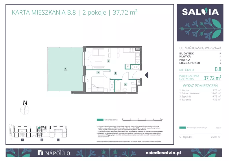 2 pokoje, mieszkanie 37,72 m², parter, oferta nr B.08, Osiedle Salvia, Warszawa, Białołęka, Kobiałka, ul. Mańkowska