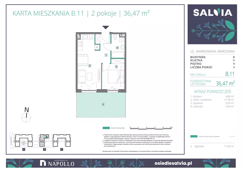 2 pokoje, mieszkanie 36,47 m², parter, oferta nr B.11, Osiedle Salvia, Warszawa, Białołęka, Kobiałka, ul. Mańkowska